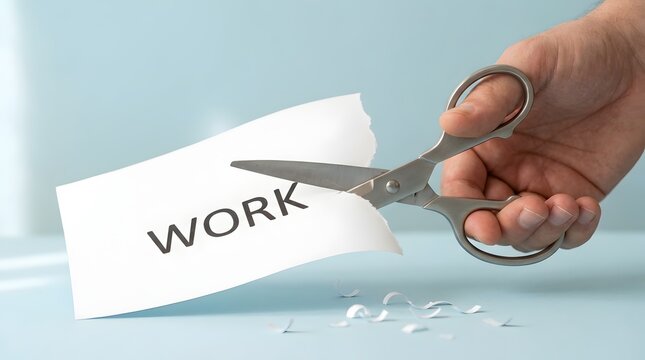 Hands using scissors to cut the word WORK printed on paper, conceptualizing a reduction in workload, job change, or life balance.