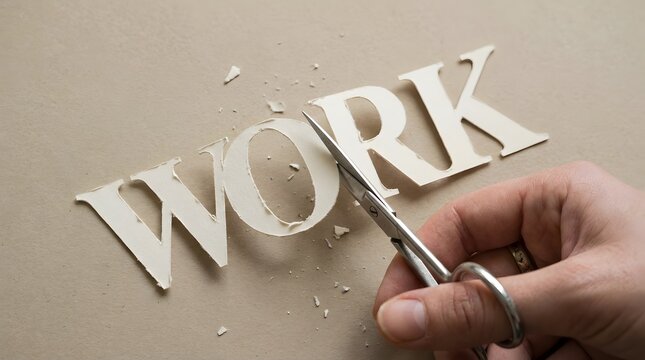 Hands using scissors to cut the word WORK printed on paper, conceptualizing a reduction in workload, job change, or life balance.