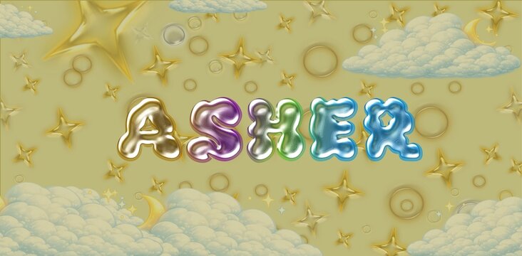 Asher Name Typography. Funny Childish Glossy 3D Balloon Text in Metallic Colors. Cute Kids Name Design. Dreamy illustration.