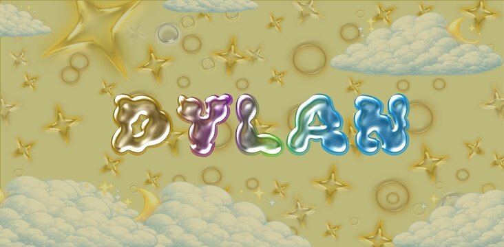 Dylan Name Typography. Funny Childish Glossy 3D Balloon Text in Metallic Colors. Cute Kids Name Design. Dreamy illustration.