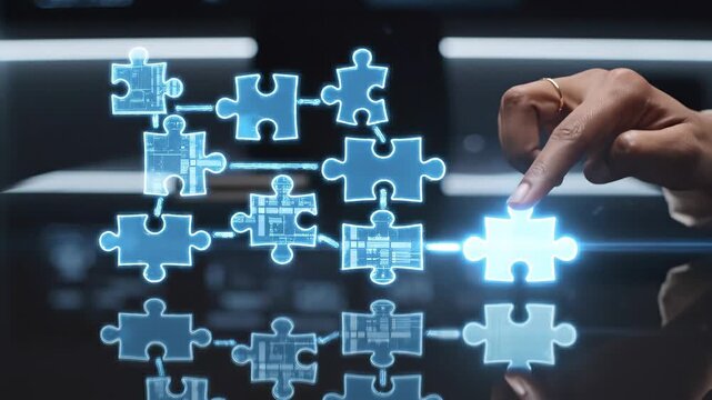 A close-up view of a hand interacting with floating digital puzzle pieces, showcasing a modern technological concept