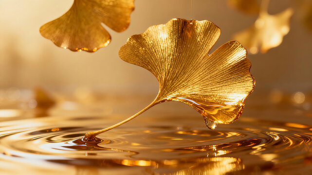 Gold and silver plated apricot leaves and amber luxury essence oil represent the concept of skin care with oil, anti-aging rejuvenation and barrier repair.
