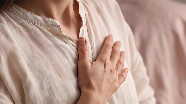 Woman with hand on chest feeling pain or gratitude wearing a light linen shirt in a soft indoor setting with warm natural lighting and soft shadows