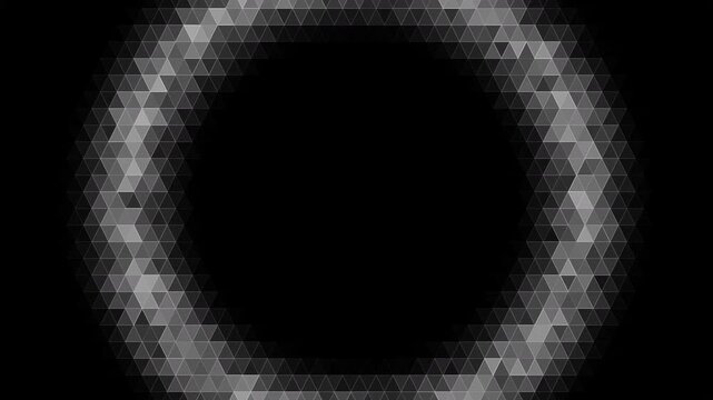 abstract digital hexagon or triangle circle ring looping cyber futuristic animation in black and white for easy color change with alpha channel overlay template