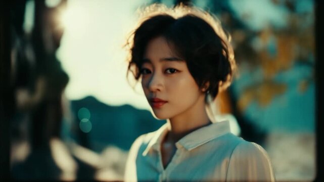A woman in a white collared shirt gazes into the distance. Sun flares. Soft lighting