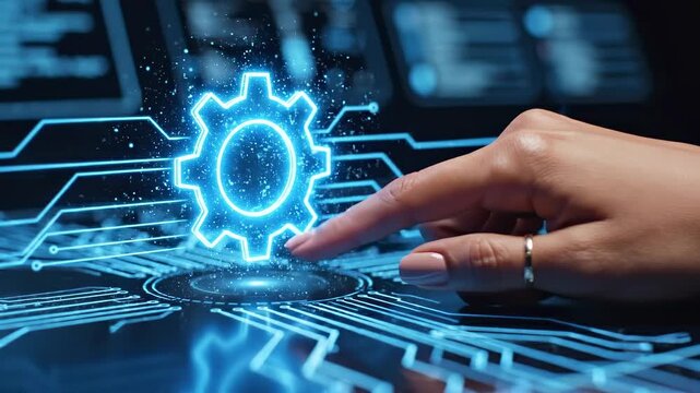 A human hand interacting with a glowing holographic gear symbol on a touchscreen interface, showcasing advanced technology and innovation