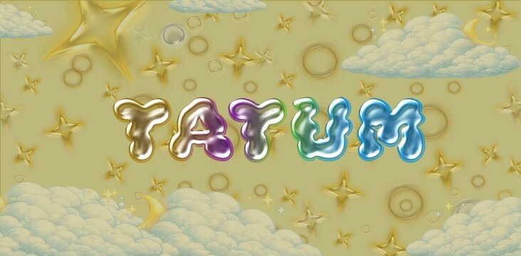 Tatum Name Typography. Funny Childish Glossy 3D Balloon Text in Metallic Colors. Cute Kids Name Design. Dreamy illustration.