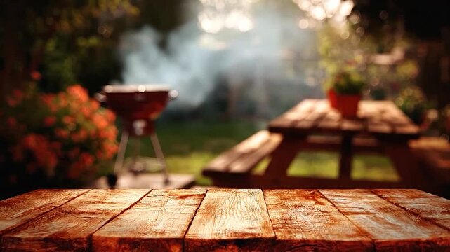 Empty rustic wooden table with blurred backyard barbecue party background