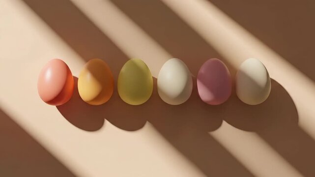 Pastel colored Easter eggs in a row on a beige surface with copy space and shadow. Minimalistic design for Easter holiday or spring theme.