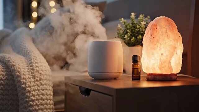 A modern aroma diffuser emitting steam beside a wooden table lamp and a potted plant, set in a cozy living room with soft textures and warm lighting