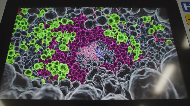 Microscopic view of diverse bacteria colonies with vibrant colors in a laboratory setting, showcasing intricate cellular structures