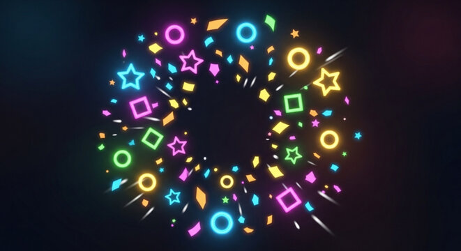 Colorful neon shapes and stars exploding in a circle on a dark background abstract celebration design