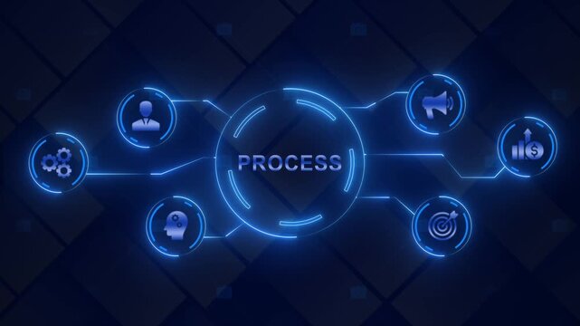 Business process management concept with and workflow diagram in blue neon lights on dark background