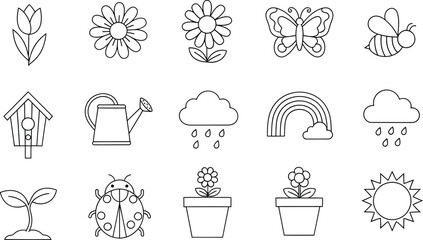 Spring garden icons set with flowers butterfly bee watering can rainbow sun © Milon Store