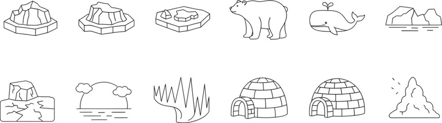 Arctic wildlife illustration icons collection with polar bear whale igloo snow © Milon Store