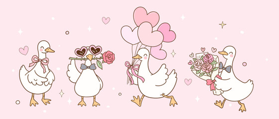 Cute silly goose valentine with little heart Rose flowerTrendy animal Valentines day Doodle cartoon illustration © anchalee