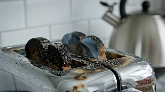 Smoke rising from burnt toast in a toaster, showing charred bread and a kitchen backdrop