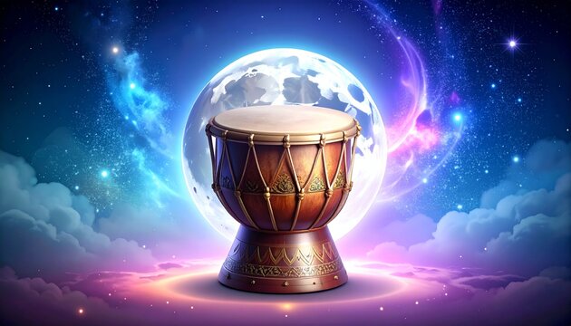 3D cosmic bedug drum with glowing moon and starry galaxy background