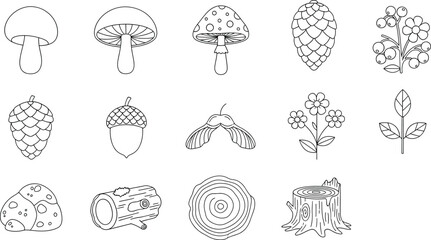 Forest nature outline icons set with mushrooms berries pinecone acorn leaves © Milon Store