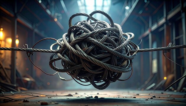 chaotic metal wire tangle suspended in industrial warehouse lighting
