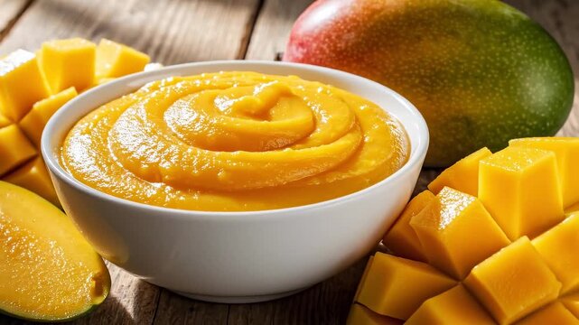 A vibrant bowl of mango puree surrounded by fresh mango slices on a rustic wooden surface