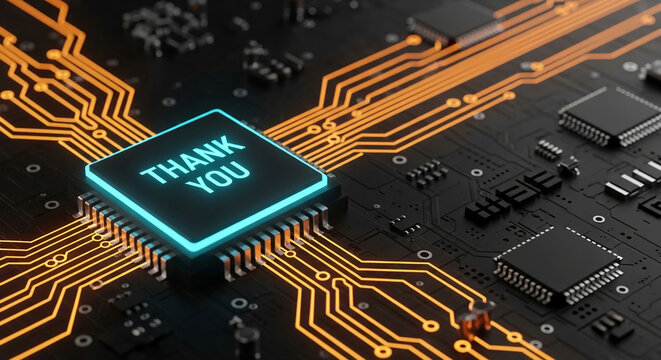 Close-up of a dark motherboard with illuminated circuits and a microchip displaying "Thank You", representing technology, gratitude, and connection