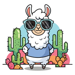 Obraz premium Llama wearing sunglasses in desert landscape vector illustration