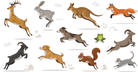 Jumping and Running Animals Vector Set Featuring Deer, Rabbit, Kangaroo, Fox, Dog, Goat, Frog, and Squirrel in Dynamic Motion Poses for Wildlife Illustration Projects. © MstSuborna