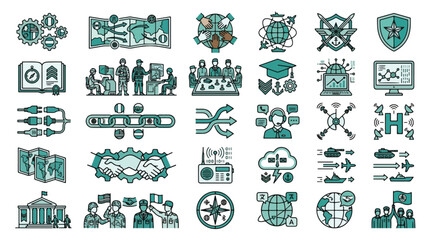 Military and defense icon set. Strategy, logistics, global cooperation, peacekeeping, defense technology, security, intelligence, mission planning, digital warfare, teal line art vector icon © Itx Musa
