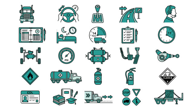 Trucking and logistics icon set. Semi truck, driver, CDL, delivery, freight, transport, shipping, maintenance, safety, road, cargo, trailer, hazard, haulage, tools. Flat line vector icons.
