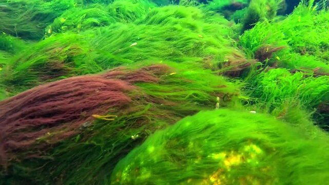 Underwater macrophyte algae landscape in the Black Sea, green algae (Ulva sp., Enteromorpha sp.) and red algae on coastal rocks near the shore