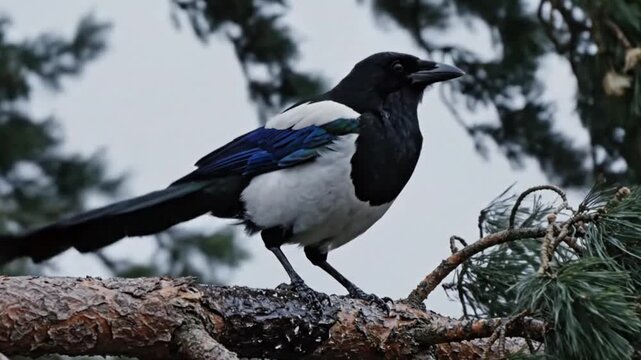 Magpie on tree branch outdoors.