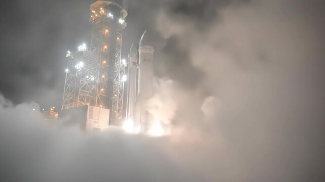 Rocket launch sequence showing ignition, smoke billowing, and liftoff against a night sky with illuminated launch pad and surrounding structures