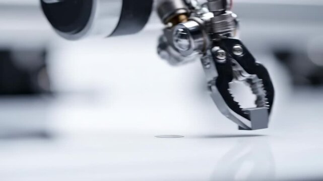 Robotic gripper approaches gray cube on a smooth surface, showcasing precise movement and mechanical design in a modern industrial setting
