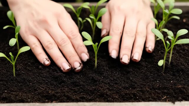 Community Garden Care 4K - Hands Tending Plants, Soil Texture, Fresh Vegetables, Gardening Lifestyle - Agriculture Stock Video
