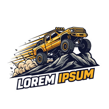 A yellow off-road truck drives over a rocky hill with a 4x4 logo and text in a graphic illustration