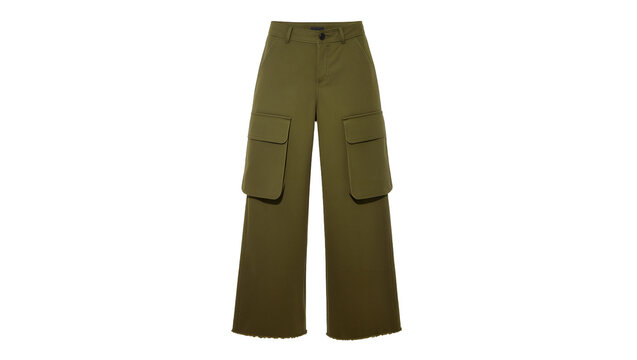 Isolated pair of fashionable women's olive green wide-leg cargo pants for trendy outfit