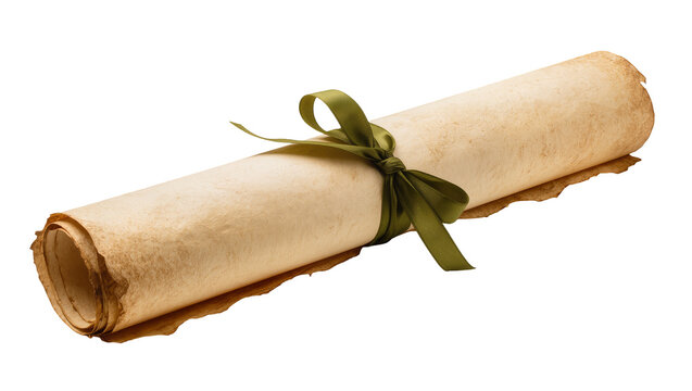Isolated vintage rolled parchment scroll tied with an elegant green ribbon bow, old document