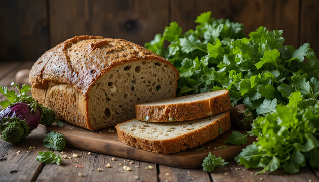 Freshly baked bread on a wooden table with green leafy vegetables.