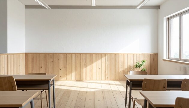 Photorealistic interior of a small private seminar classroom with minimalist design.
White plaster wall with wood wainscoting and soft daylight from a large window.
A few wooden desks and chairs arran