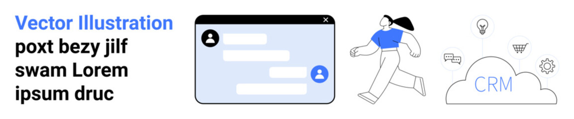 Fototapeta premium Customer management, team collaboration, cloud technology, digital marketing, messaging platforms, communication solutions. CRM cloud, chat interface and user. Customer management and collaboration