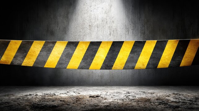 High-visibility yellow and black striped caution tape stretched across a gritty concrete construction area, signaling danger and restricting access