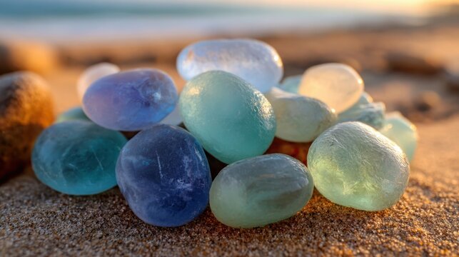 Smooth Rounded Chalcedony Stones in Various Shades on a Sandy Beach Shore with Ocean Horizon