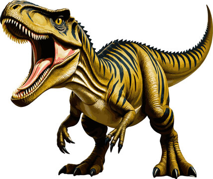 Create a realistic predator dinosaur with stripes, aggressive animal, extinct species from the past vector art with white background..