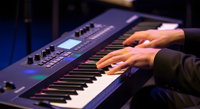 Close up of a person playing an electronic keyboard on stage