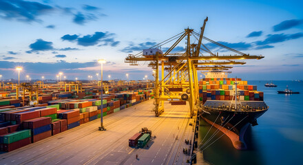 Naklejka premium Container port with cargo ships and cranes at dusk
