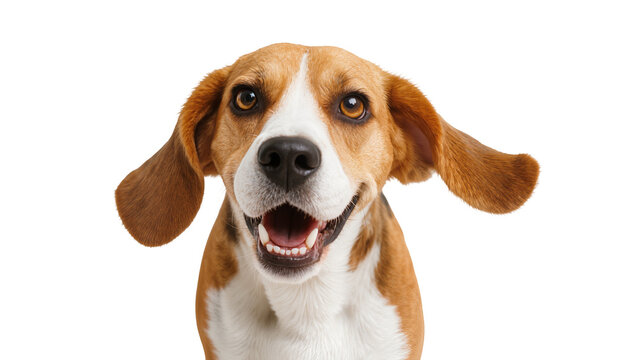 Isolated happy smiling beagle dog looking at camera with open mouth and floppy ears
