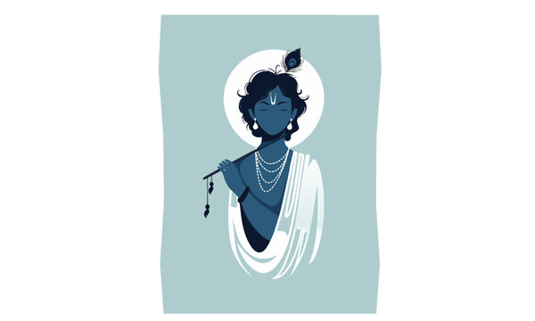 Minimalist vector illustration of Lord Krishna with a flute and peacock feather in a modern artistic style perfect for Janmashtami festival greetings and spiritual home decor.