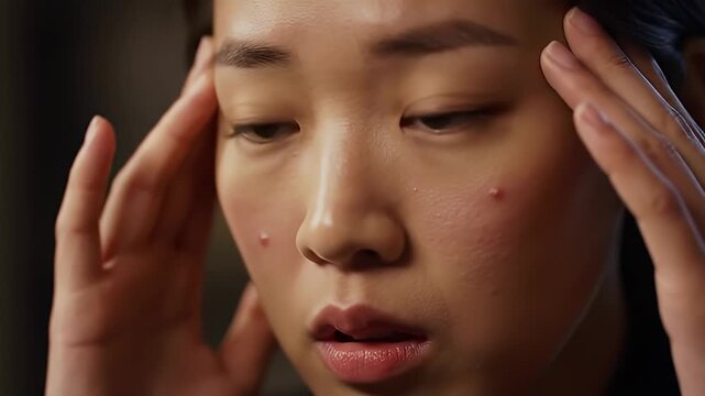 Close-up portrait of a young Asian woman experiencing palpable discomfort, hands pressed to her temples, conveying intense stress, headache, or deep contemplation