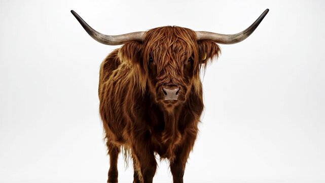 Close-up of a majestic Scottish Highland cow with long shaggy hair and impressive horns, standing against a clean white studio background. Ideal for themes of agriculture, livestock, nature, and...